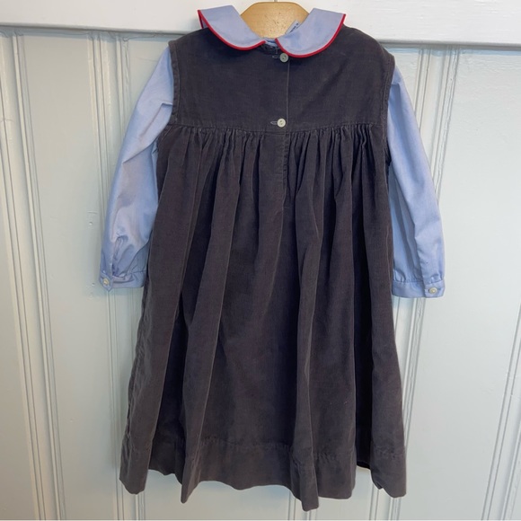 Mondays Child’s Gray Corduroy jumper and blue chambray blouse set red trim - Picture 4 of 7